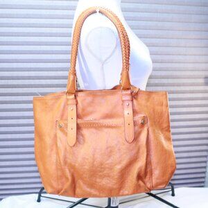 Cole Haan Orange Pebbled Leather Double Braided Handle Footed Large Tote Bag